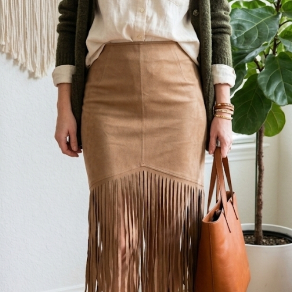 Haute Monde Tan Suede Fringe Pencil Skirt
